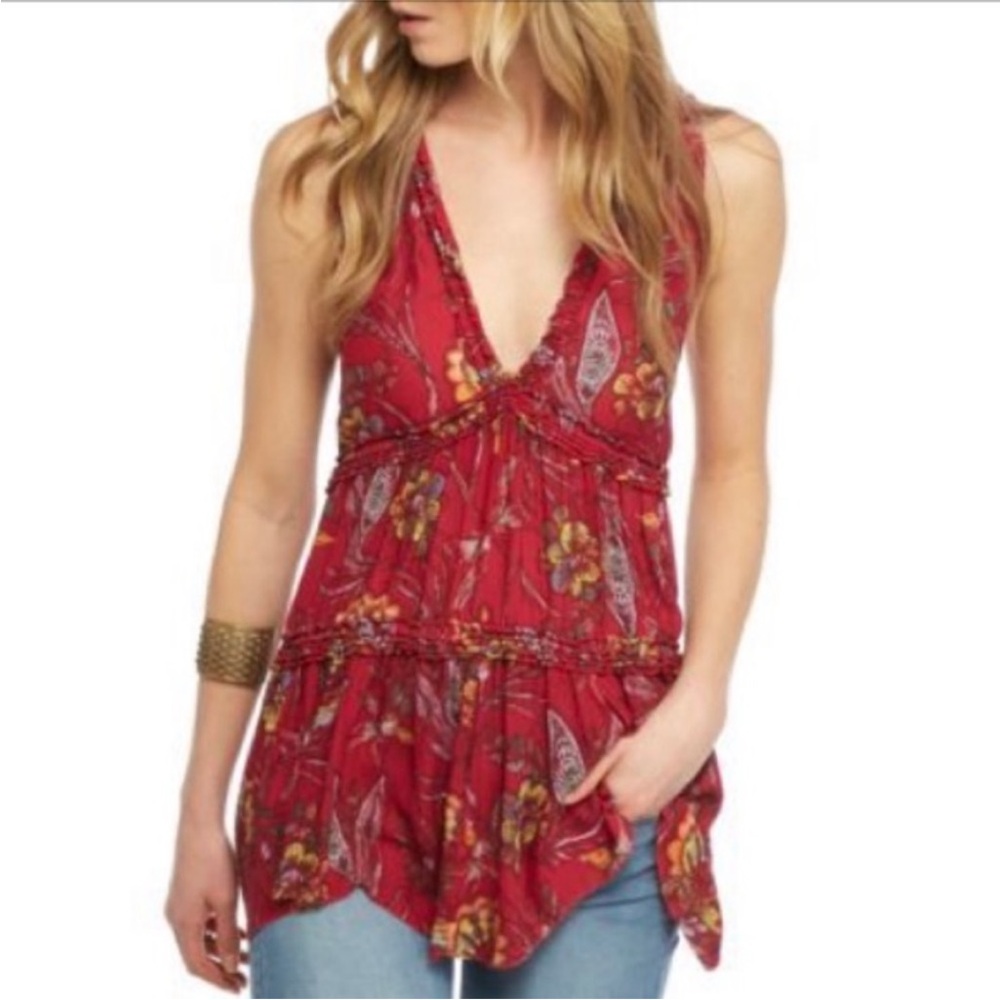 Free People Red Floral Tunic Top